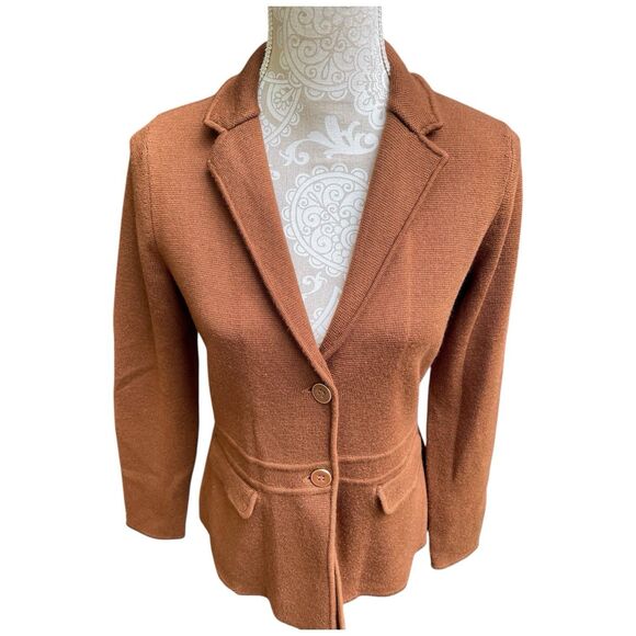 Talbots 100% Merino Wool Brown Knit Sweater Jacket Blazer Sz Small Petite Preppy - Picture 10 of 16